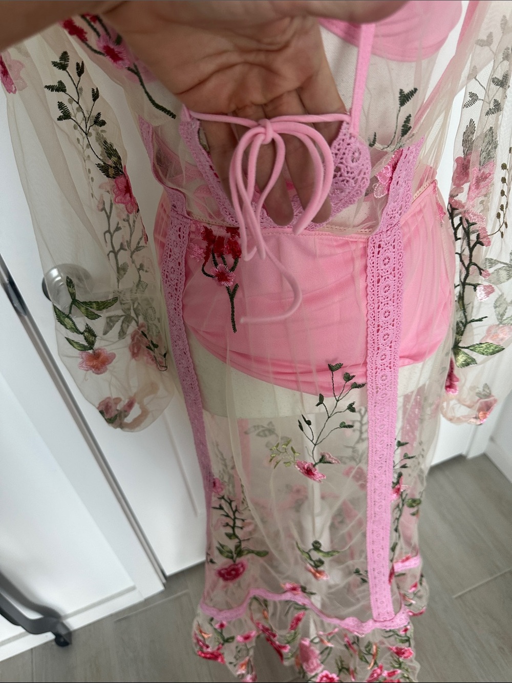 For Love and Lemons Luna Maxi Pink embroidery sheer dress NWOT Small - Picture 6 of 7